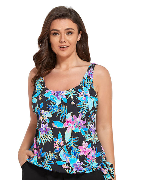 Summervivi-Yellow Flower Side Tie Blouson Tankini Set With Skirt