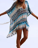 Summervivi-Blue Hollow Knitted Beach Holiday Sunscreen Blouse