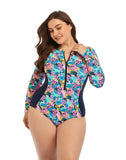 Summervivi-Multicolor High Neckline Zip Long Sleeve One Piece Swimsuit