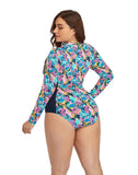Summervivi-Multicolor High Neckline Zip Long Sleeve One Piece Swimsuit