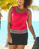 Summervivi-Red Loop Strap Blouson Tankini With A-Line Swim Skirt