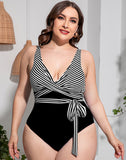 Summervivi-Solid Striped Plus Size One-Piece Swimsuit