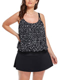 Summervivi-Black White Dot Loop Strap Blouson Tankini Set With Skirt