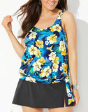 Summervivi-Yellow Flower Side Tie Blouson Tankini Set With Skirt