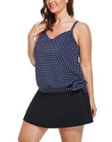 Summervivi-Navy Dotted Side Tie Surplice Tankini Set With Side Slit Skirt