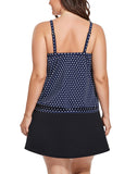 Summervivi-Navy Dotted Side Tie Surplice Tankini Set With Side Slit Skirt