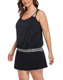 Summervivi-Black Loop Strap Blouson Tankini Set With Chlorine Resistant A-Line Swim Skirt