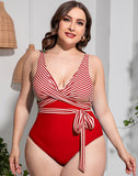 Summervivi-Solid Striped Plus Size One-Piece Swimsuit