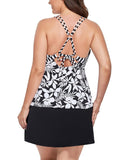 Summervivi-Black Flower V-neck Loop Strap Tankini With A-Line Swim Skirt