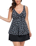 Summervivi-White And Blue Dots V-Neck Twist Tankini Top With Side Slit Skirt