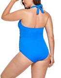 Summervivi-Blue V-Neck Halter One Piece Swimsuit