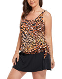 Summervivi-Leopard Print Side Tie Blouson Tankini With A-Line Swim Skirt