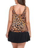 Summervivi-Leopard Print Side Tie Blouson Tankini With A-Line Swim Skirt
