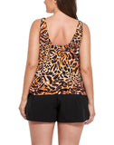 Summervivi-Leopard Print Side Tie Blouson Tankini with Cargo Swim Short